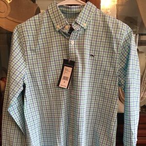 NWOT Sea foam Green and periwinkle blue button down